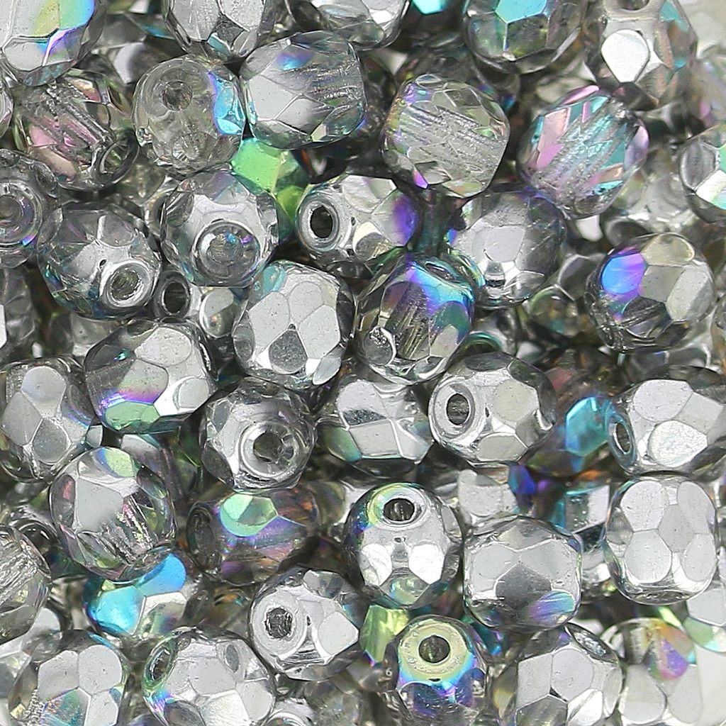 50 Pcs 4mm Firepolished Round Czech Glass Beads -Glossy Iridescent Black  Chrome